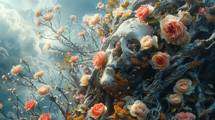 Whimsical digital artwork blending elements of surrealism and fantasy, depicting a scene of blooming flowers intertwined with broken human sculptures.