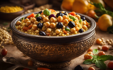 Moroccan couscous, vegetables, chickpeas, raisins, ornate bowl, warm colors, soft lighting