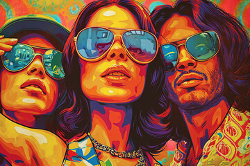 Groovy women and man in 70s style. People in hippie clothes and sunglasses take selfies at retro-style party. Colorful illustration