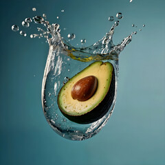 Sliced avocado falling deeply under water with a big splash. - obrazy, fototapety, plakaty