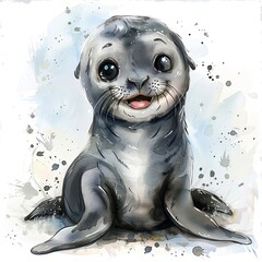 Watercolour Animal Clipart Cute Baby seal Siting on white background