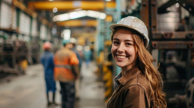 A photo of a smiling young woman and group of workers in a factory