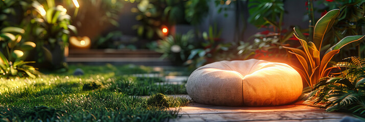 Nighttime Garden Elegance: Bright Lanterns Amidst Greenery, Perfect for Romantic Outdoor Landscaping Design - obrazy, fototapety, plakaty