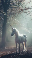 Obraz na płótnie Canvas With every step, the unicorns sparkling horn lights up the enchanted forest, revealing hidden paths and mystical secrets long forgotten no dust