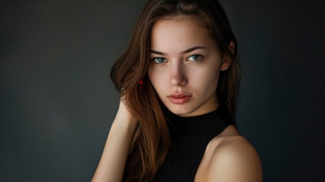 A photo of an attractive Russian girl, with long brown hair and red nails wearing black sleeveless top posing for the camera on dark background