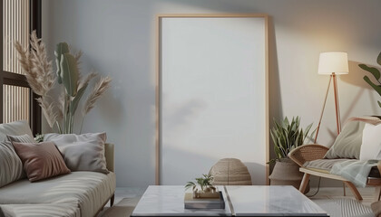 Blank frame in boho interior design