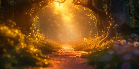 Enchanted forest pathway in magical light