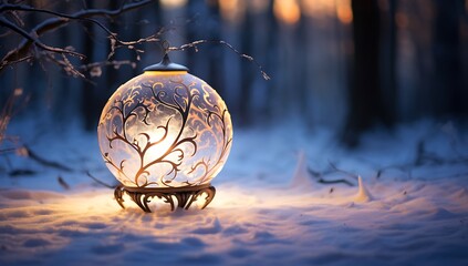 Glass balls hanging from branches. Christmas lights.枝か​​らぶら下がっているガラス球。クリスマス ライト。Generative AI	 - obrazy, fototapety, plakaty