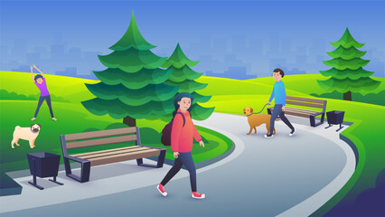 Outdoor scene in a city park. An old woman is doing exercises, a man is walking his dog, a girl is walking.