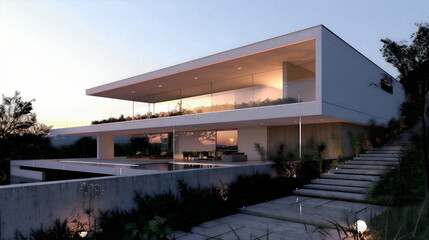 Modern white house with large windows and terraces, modern archi