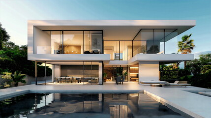 Modern house with pool and terrace, exterior design in white col - obrazy, fototapety, plakaty