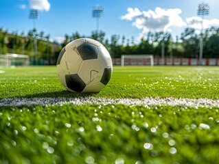 Vivid ground view of a penalty spot, surrounded by the green soccer pitch, stadium environment backdrop. - obrazy, fototapety, plakaty