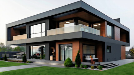 Modern house exterior design, two-story black and gray color wit - obrazy, fototapety, plakaty