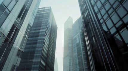 Fototapeta na wymiar Tall glass skyscrapers, looking up from the street level. The bu