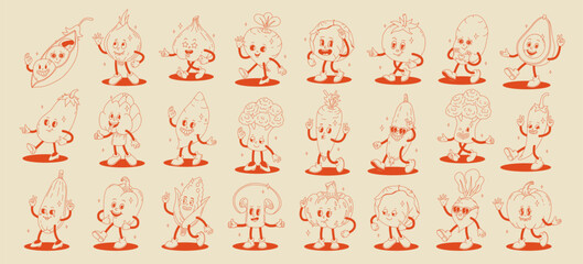 Funny vegetables retro cartoon characters sticker set. Modern label with cute comics characters. Hand drawn doodles of comic mascot. Set in modern cartoon style. 70s retro vibes.