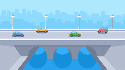 Ð¡ars drive along a bridge over the river in a simple flat carton style.