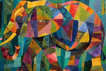 Elephant, patchwork skin texture, kaleidoscopic colors, abstracted into cubist shapes, representing memory and time low noise