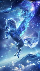 The Pegasus, a celestial navigator, flies toward the horizon where stars touch the earth, its starlit mane a beacon for the winds whispered secrets low noise