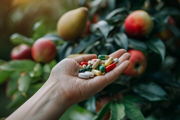Hand holding a variety of supplements, fresh fruits and vegetables in the background, clear focus on health, with bokeh effect hyper realistic - obrazy, fototapety, plakaty