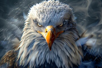 Fototapeta premium Majestic eagle, abstract form, sharp angles for feathers, highcontrast colors, piercing gaze, skythemed backdrop 3D rendering
