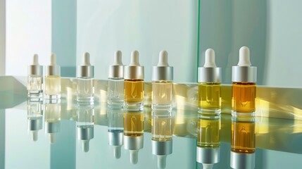 Skincare products lined up on a clear, reflective surface, minimal background, showcasing simplicity and cleanliness high-solution