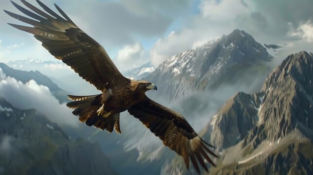 Soaring eagle, blurred motion, merging with mountain peaks, symbolizing high aspirations and freedom hyper realistic