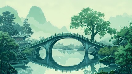 traditional village style art green bridge over river with green tree illustration poster background - obrazy, fototapety, plakaty