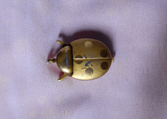 Vintage pocket watch designed as a beetle is isolated in whitish background 
