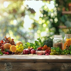 Wellness table with nutritious foods and supplements, closeup with soft bokeh background, conveying focus on healthy lifestyle 8K rendering