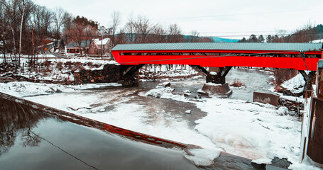 winter and a covered bridge