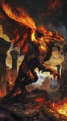 Fototapeta premium The Chimera, a creature of fire and shadow, guards the ruins, its presence a link to the ancient mysteries and legends of a forgotten age low noise