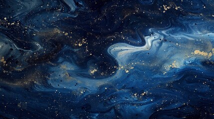 Abstract Blue, an abstract painting of the night sky in dark blue and light indigo tones, with glittering gold foil and acrylic resin on textured paper, featuring a closeup view of deep space