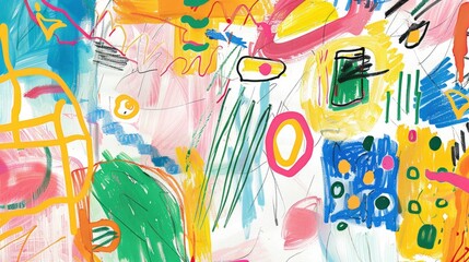 Abstract colorful painting with lines and shapes on a white background, featuring a variety of colors including yellow, pink, blue, green and orange