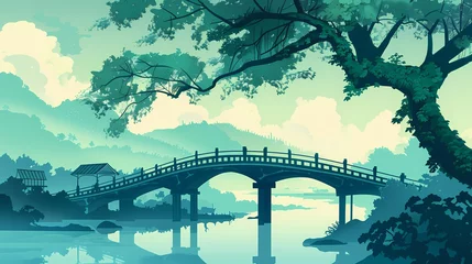 Gardinen traditional village style art green bridge over river with green tree illustration poster background © jinzhen