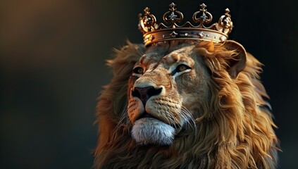 Majestic lion with golden crown against dark background exudes regal power