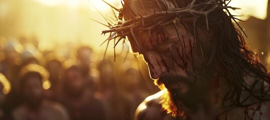 Jesus Crowned with Thorns, Amidst the Blurred Crowd in Golden Hour Scene - obrazy, fototapety, plakaty
