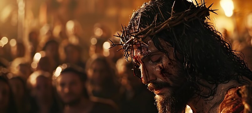 Jesus Crowned with Thorns, Amidst the Blurred Crowd in Golden Hour Scene