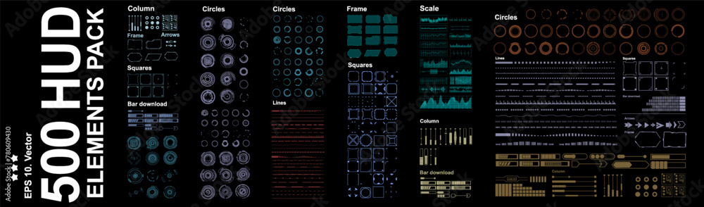 Poster big futuristic set of graphic elements for the hud user interface. circles, frames, arrows, pointers