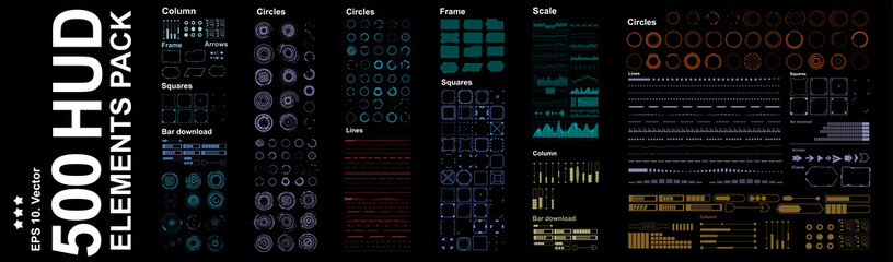 Big futuristic set of graphic elements for the HUD user interface. Circles, frames, arrows, pointers, lines and scales. Modern vector HUD elements set