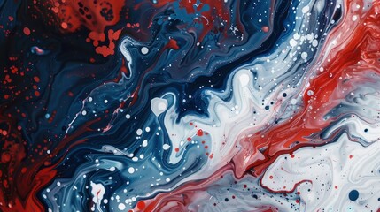 Abstract fluid art in red, white, and blue hues with swirling patterns and splashes of paint in the style of various artists