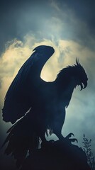 In the twilight, a Griffins silhouette against the sky, its roar a powerful declaration, wings spread wide, protecting the secrets of old low texture