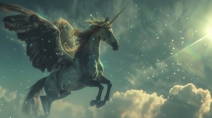 In the realm of the sky, a Pegasus soars, its mane a cascade of starlight, each beat of its wings a whisper to the wind, calling forth the celestial dance hyper realistic - obrazy, fototapety, plakaty