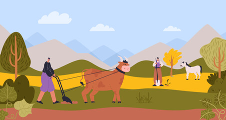 Farmer characters at farm agriculture and farm animals