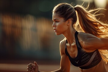 A young woman with long flowing hair, wearing a sleek athletic outfit, effortlessly gliding across a smooth track ,high resulution,clean sharp focus - obrazy, fototapety, plakaty