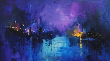 abstract painting, blue and purple color palette, night scene, atmospheric, brush strokes