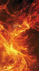 In the heart of the inferno, a phoenix is reborn, its fiery feathers a brilliant display of its eternal essence and cycle of renewal no dust