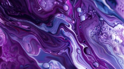 Obraz premium Abstract purple and white fluid art background with paint splashes, closeup. Abstract liquid painting