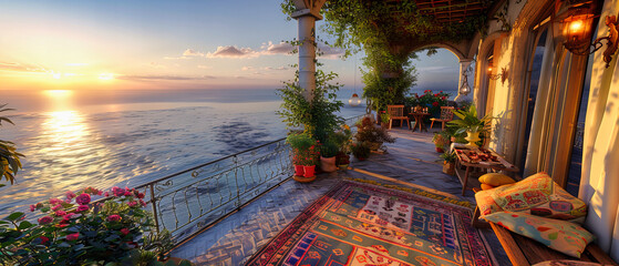 Picturesque Sunset Over a Mediterranean Island, Capturing the Serene Beauty of Greek Architecture and Seascape