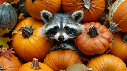 Curious raccoon peeking from behind a kaleidoscope of fall pumpkins, paws ready for mischief
