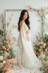 Pregnant woman with backless floral dress